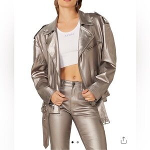AFRM Blaise Metallic Denim Coated Oversized Moto Jacket.Sz XXS. NWT. MSRP $150.